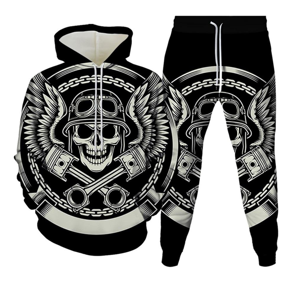 New Men's Tracksuit Sets Goth Punk Skull Fire 3D Printing Hoodies Pants Suit High Quality Skeletons Pullover Streetwear Oversized