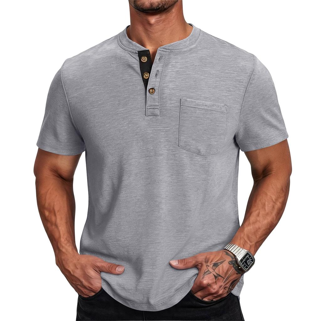 Men Henley Neck Short Sleeve T Shirt Casual Basic Button Front Athletic Fit Pullover Top with Chest Pocket for Everyday Wear