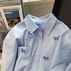 Bufferfly Retro Shirts Women Loose Casual Korean Blue Blouse Long Sleeve Sweet Female Design Elegant Spring Tops