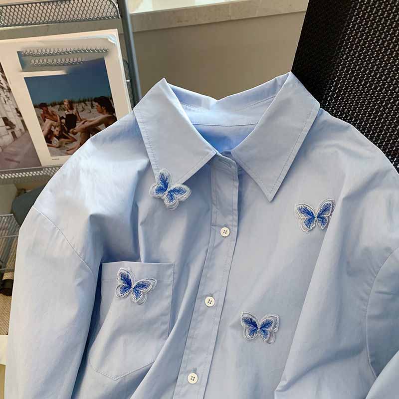 Bufferfly Retro Shirts Women Loose Casual Korean Blue Blouse Long Sleeve Sweet Female Design Elegant Spring Tops