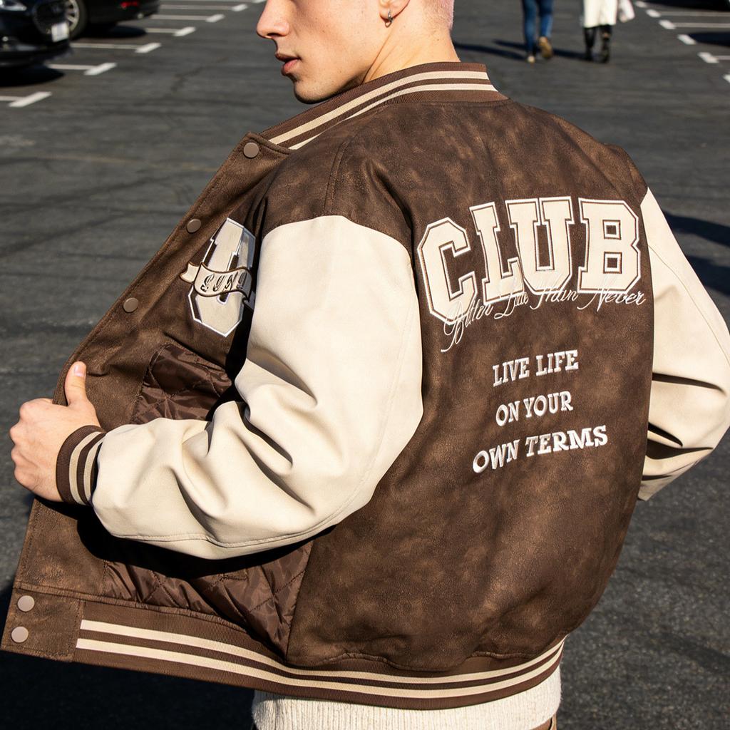 Men's PU Leather Jacket American Retro Baseball Jacket Motorcycle Jacket Spring and Autumn Embroidery College Varsity Baseball Jacket