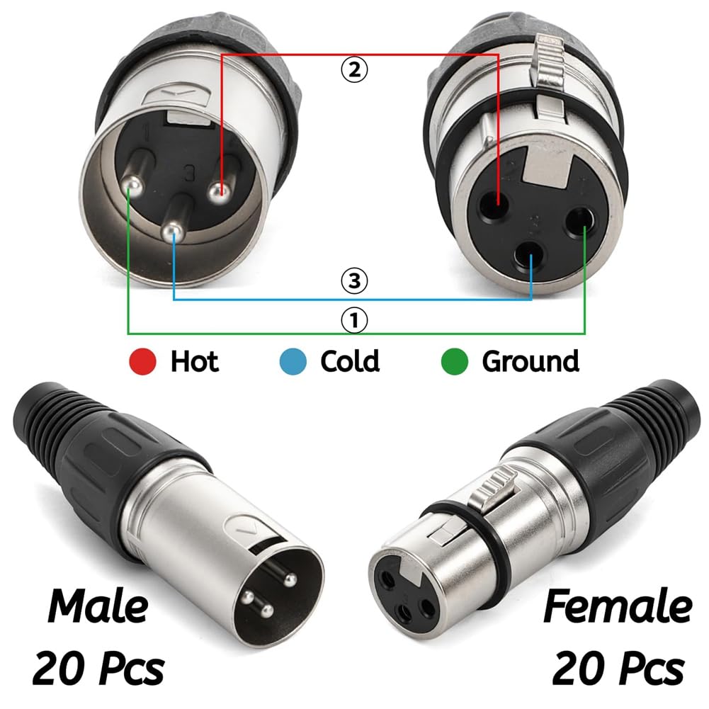 JSDNGURK XLR Connector Set 40 3-Pin Microphone Adapters 20 Male 20 Female DIY Audio Cables for Recording and Mixing