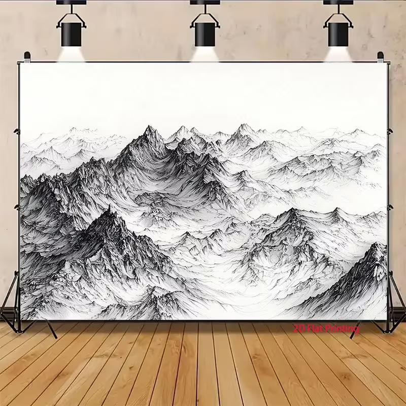 2D Monochrome Mountain Backdrop for Office, Ink Drawing Style Black and White Landscape
