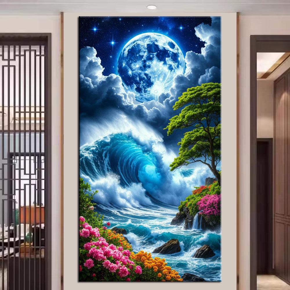 Large Size Mosaic DIY Full Diamond Painting Kits Art Beautiful Waves and Moon Embroidery Cross Stitch Rhinestones