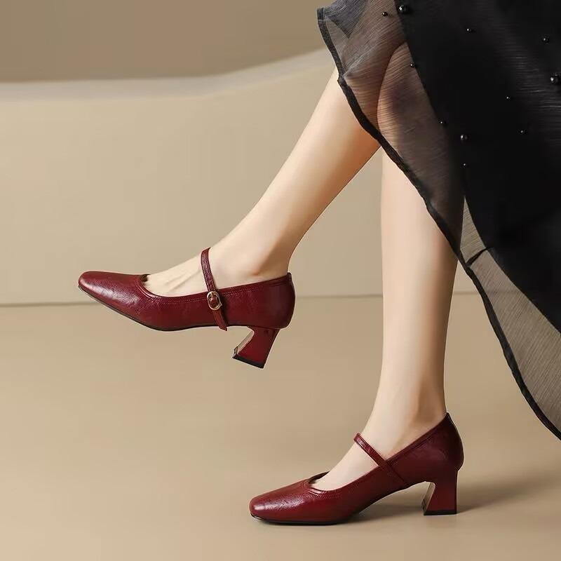 Fashion French Vintage High Heels 2025 New One Strap Single Shoes Women's Square Toe Block Heel Mary Jane Leather Shoes