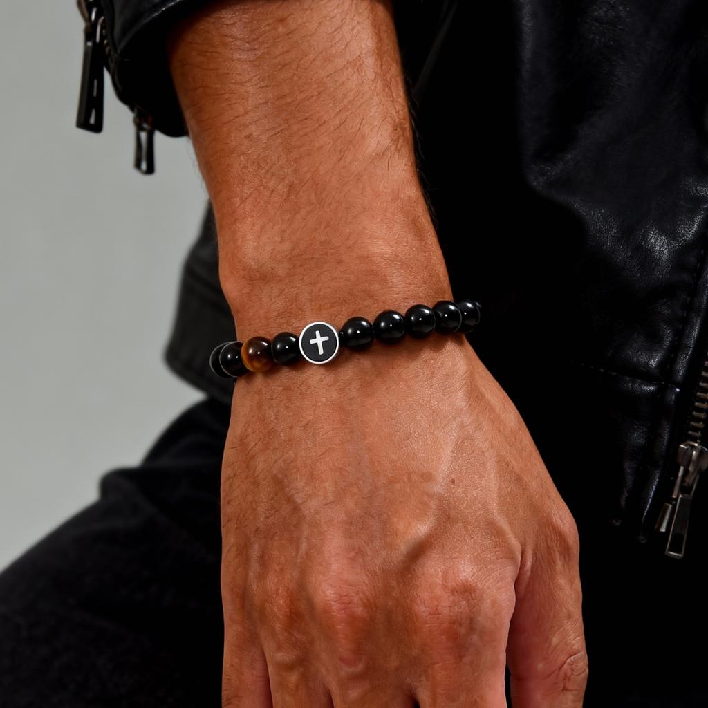 Easter Men's Bracelet,Cross Charms Beaded Bracelets,Adjustable Black Onyx Beaded Wristaband,Father's Day Baptism Scripture Card