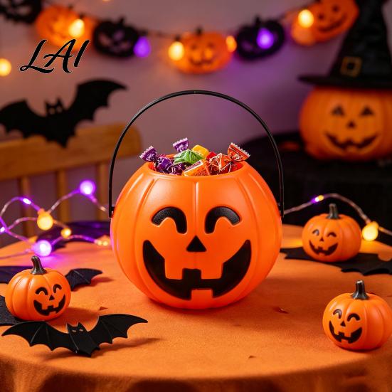 Plastic Candy Holders Halloween Pumpkin Bucket Treat Holder with Handle Trick or Containers Party Favor Storage Container Trick-or-Treat Gift Bag,