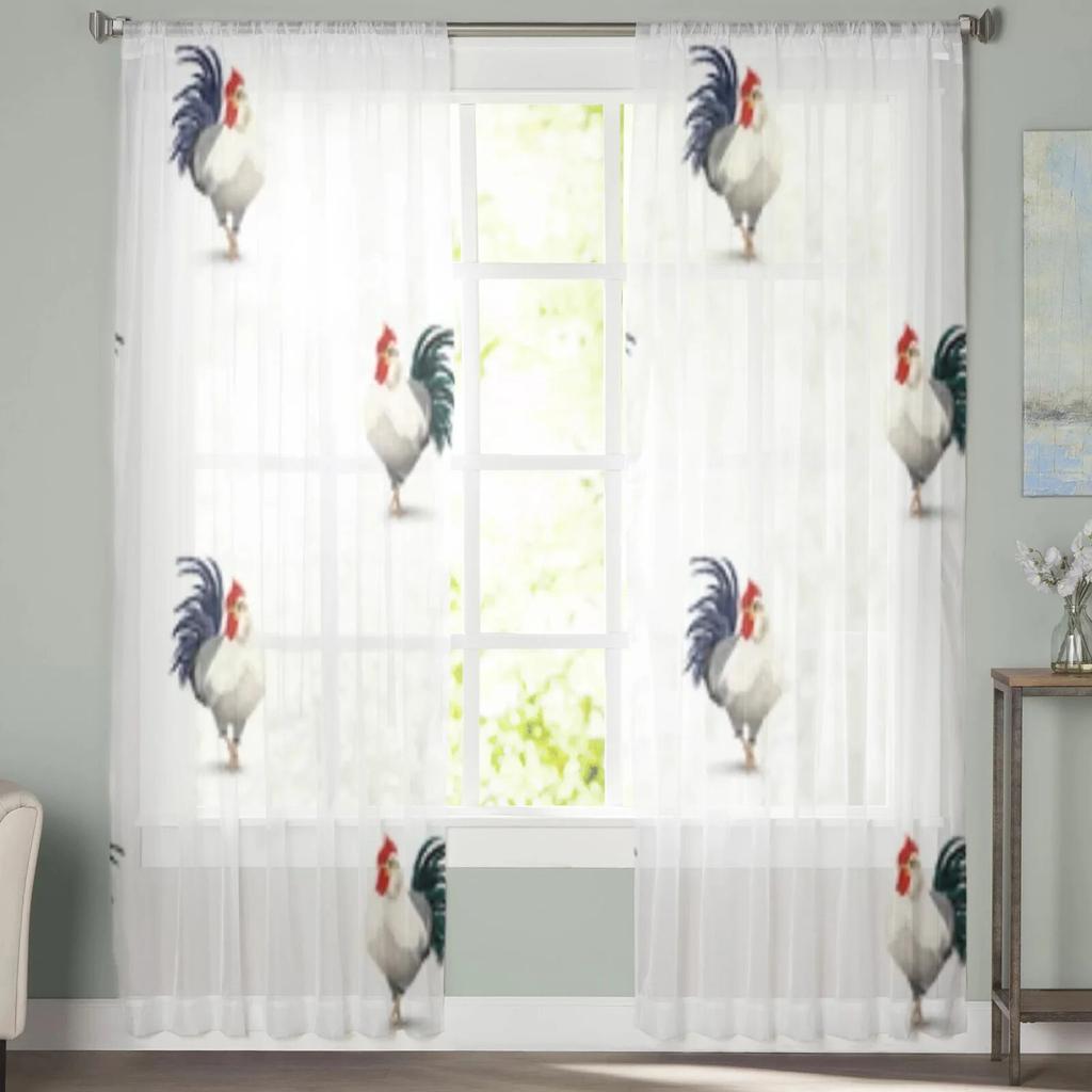 Tende Trasparenti con Simpatico Motivo di Galli per Finestra Soggiorno Tenda in Voile Tulle Trasparente Drappeggi Camera da Letto Decorazione Casa