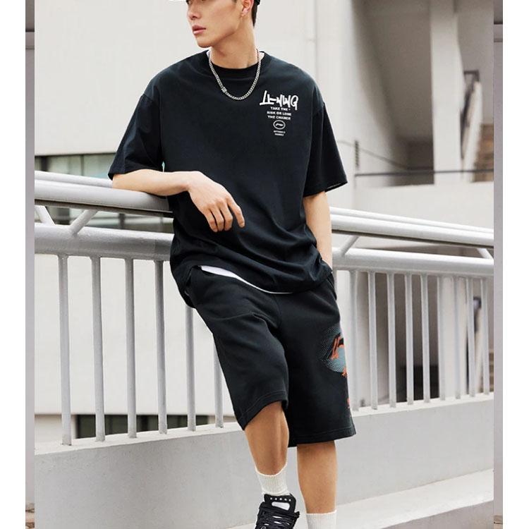 Li-Ning Sports Fashion Series Logo Print Mid-Waist Summer Elastic Fitted Breathable Sports Shorts Men Bottoms Black AKST591-2