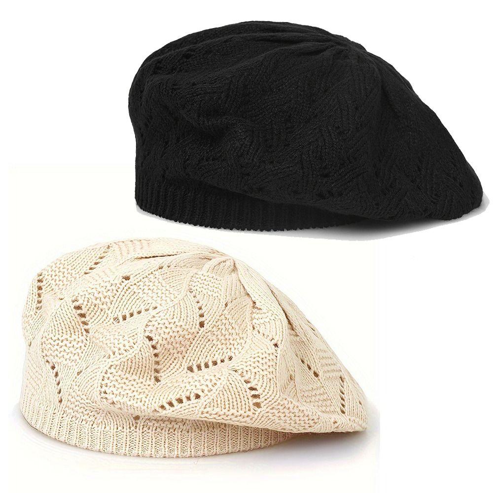 Women's Plain Color Knit Beret Hat Ladies French Artist Beanie Beret Hats Spring Casual Thin Acrylic Berets for Women