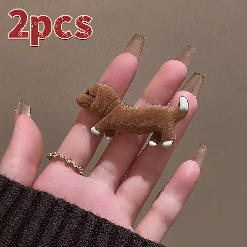 2Pcs  Girl S Cute Side Hair Clip Interesting Flocking Dachshund Hair Clip For Woman Elegant Duckbill Clip