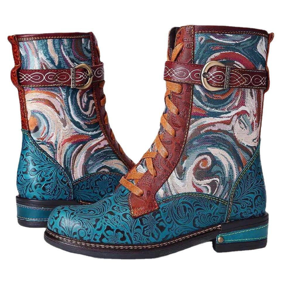 Bottes Martin à semelle plate automne et hiver 2025 pour femmes, nouvelle station indépendante, bottes de style ethnique brodées à motif serpent de grande taille