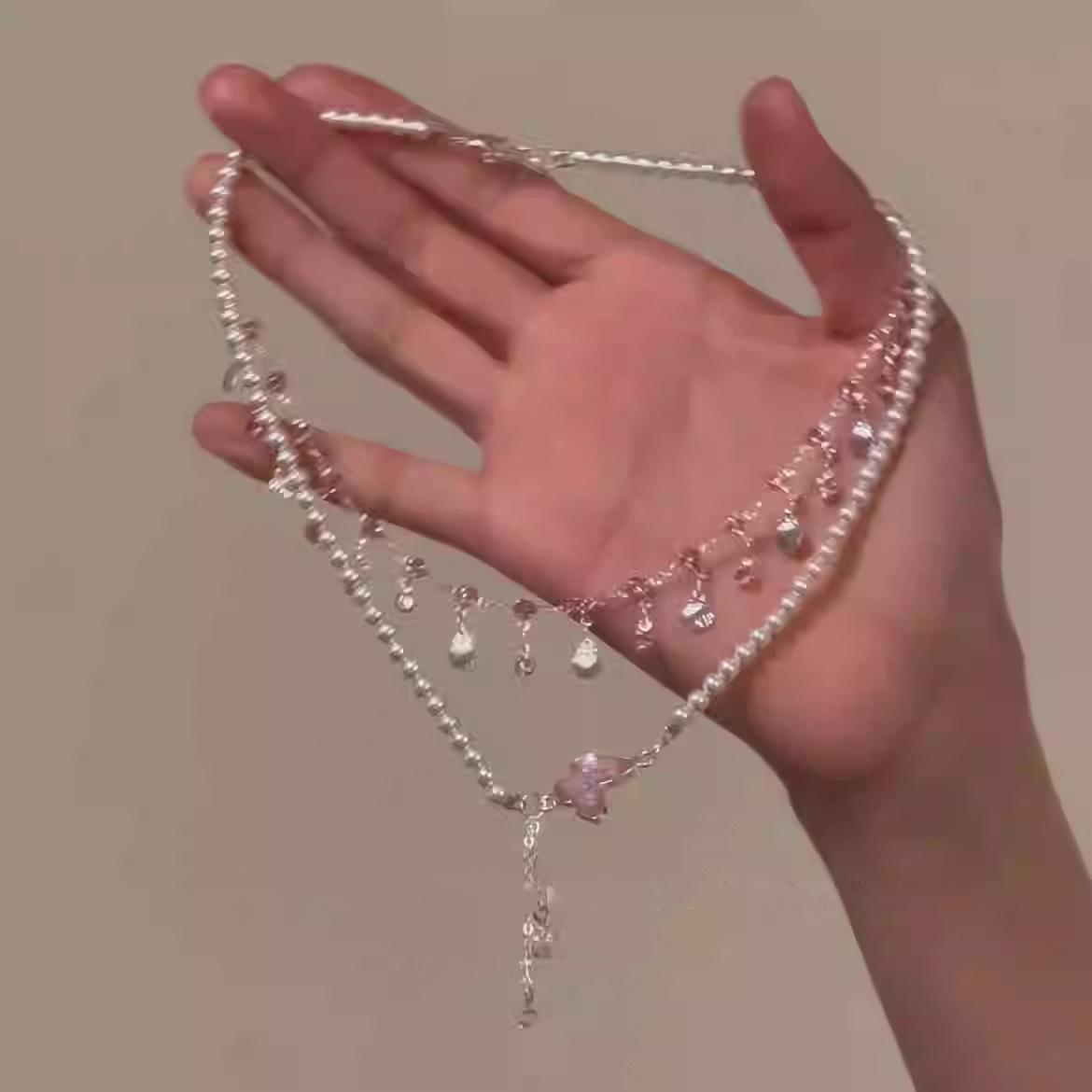 

Двухслойная подвеска-бабочка с цирконом и жемчугом, ожерелье с бахромой, милая и нежная цепочка для ключицы, модное универсальное и высококлассное ожерелье.