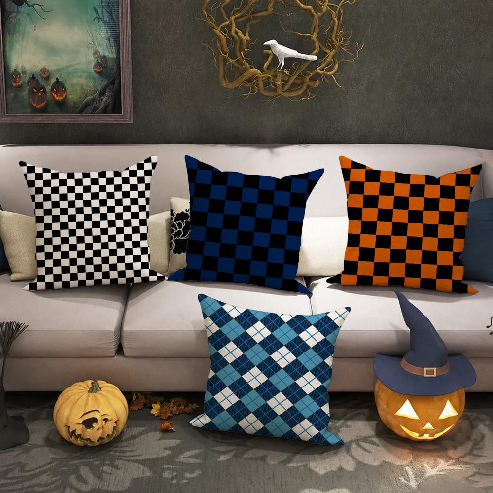 Black White Checkerboard Cushion Cover Halloween Decoration Trick Or Treat Cushion Cover Ghost Pumpkin Head Bat Decoration