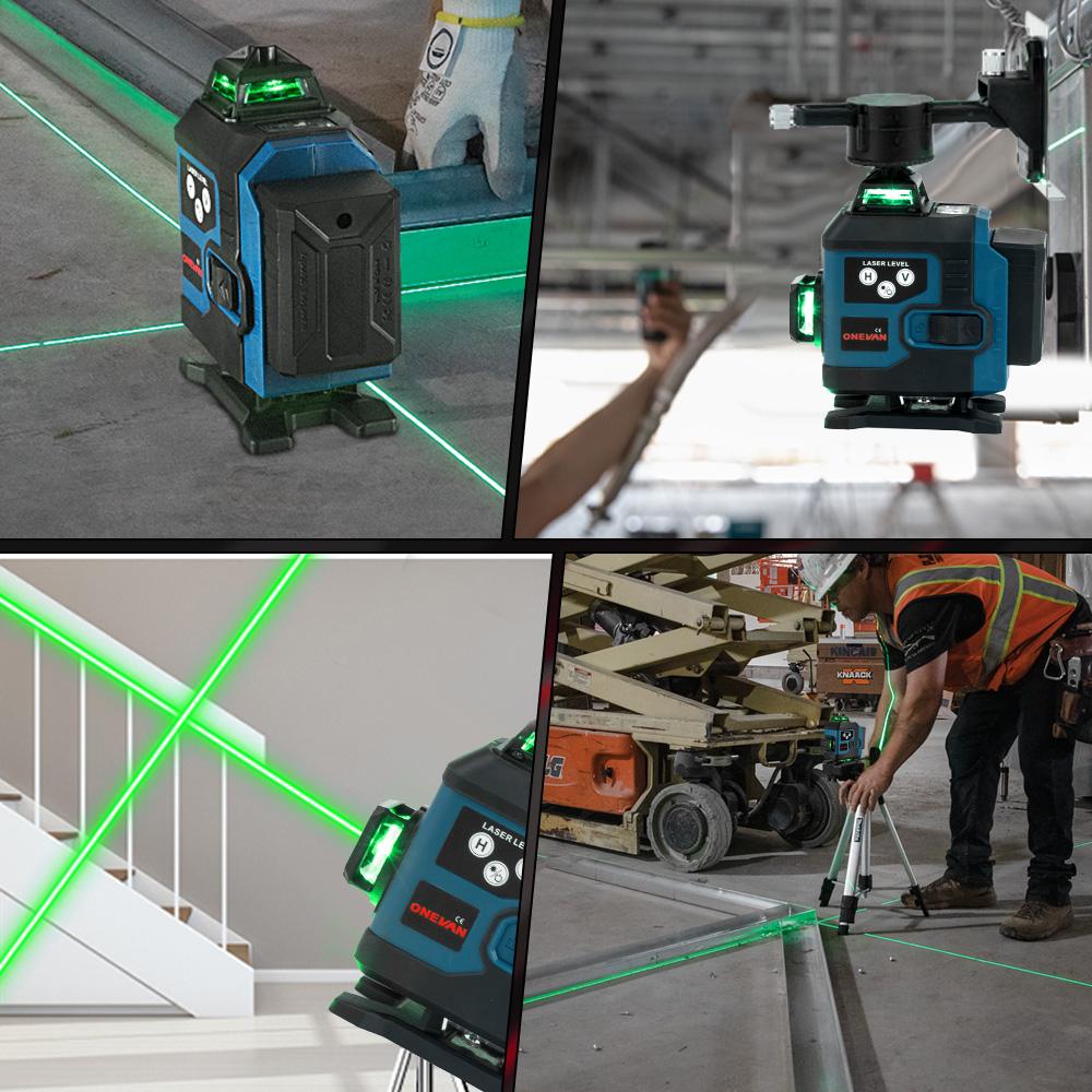 ONEVAN 16řádkový 4D laserový vodováha Samonivelační 360 horizontální a vertikální křížový Super výkonný zelený laserový vodováha se 2 bateriemi