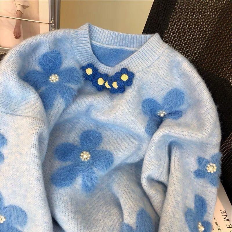 Faux Sable Soft Sweater Female Fall and Winter Fashion Beading Flowers Design Sense Niche Foreign-style Knit Sweater Female Comfortable and Versatile