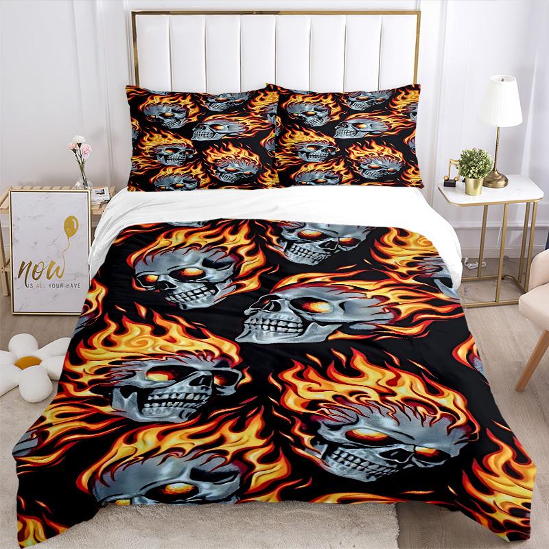 3pcs Bedding Set Flaming Skulls Includes 1 Comforter + 2 Pillowcases, Without Pillow Inserts, Soft Comfortable, Lightweight Breathable136
