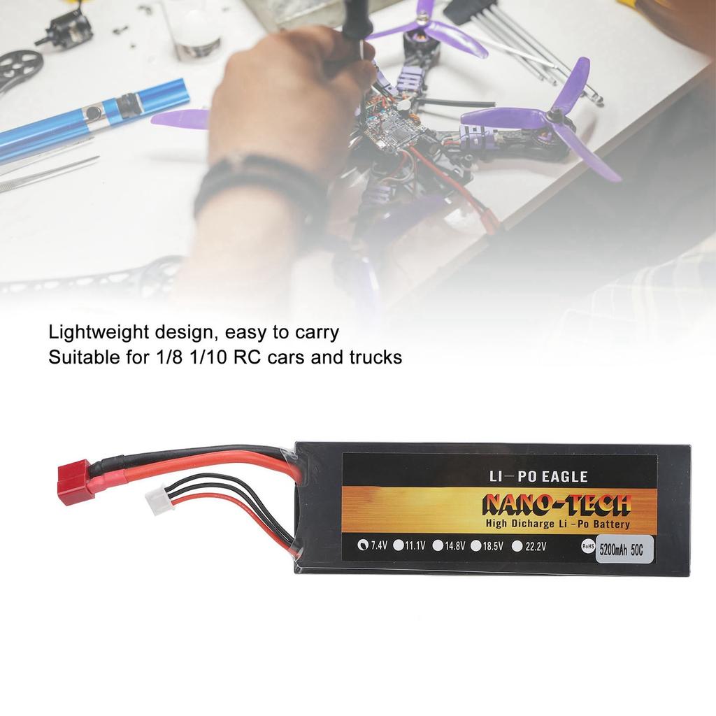 7.4V Lipo Battery 5200mAh 2S 50C Hard Case Lithium Polymer Battery with T Plug for 1/8 1/10 RC Cars Trucks