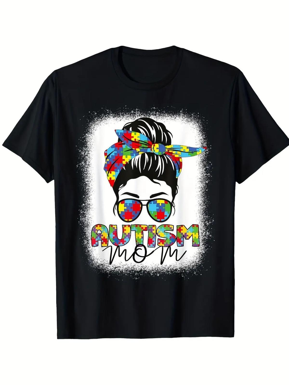 Autism Mom Life Messy Bun Graphic T-Shirt - Black Casual Short Sleeve Cotton Tee M