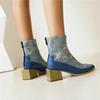 Stylish Women's Square Toe Denim Ankle Boots High Block Wooden Heels Winter Autumn Big Size Ladies Blue Jeans Zipper Short Boots