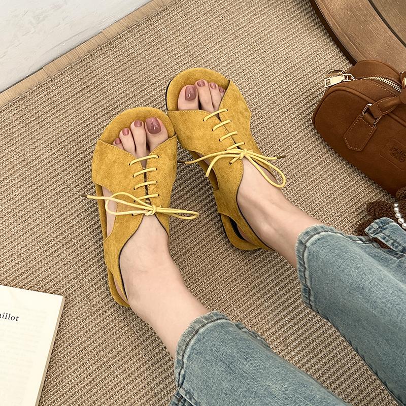 Fashion Open Toe Strappy Sandals Women Summer New Fashion Versatile Vintage Square Toe Lace-Up Soft Sole Flat Shoes Outside Wear