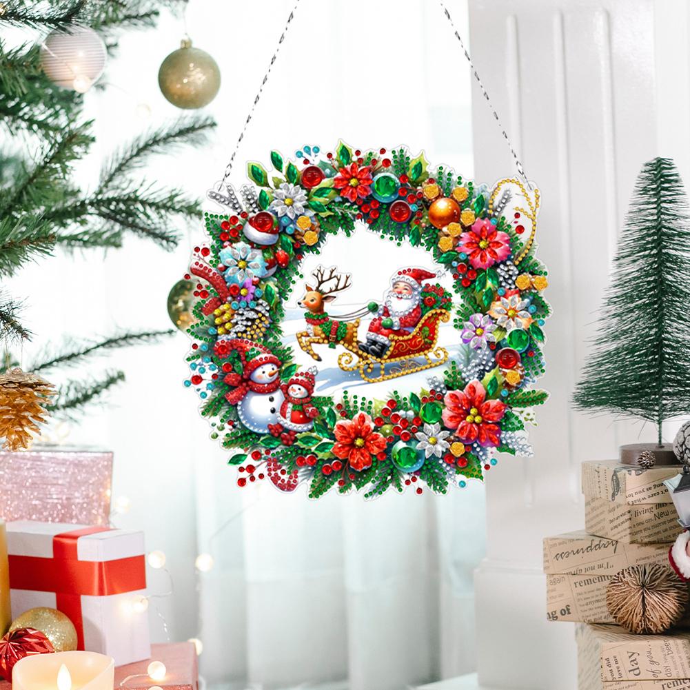 Acrylic Christmas Wreath 5D DIY Diamond Painting Dots Pendant Rhinestone Diamond Art Window Pendants for Christmas Decorations