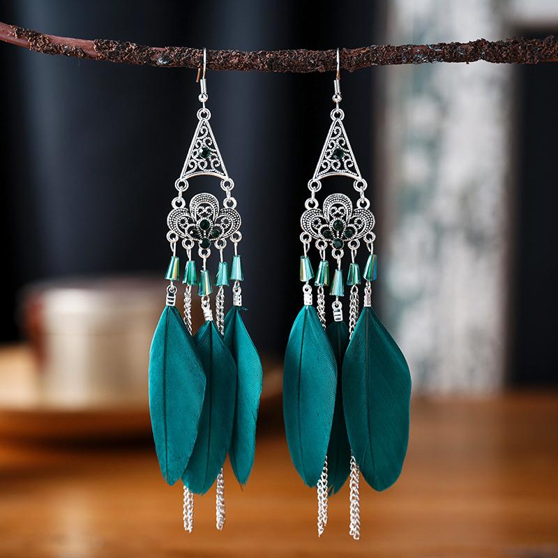 Bohemian Ethnic Long Feather Earrings For Women Retro Elegant Colorful Rhinestone Crystal Drop Earring Female Jewelry Pendientes