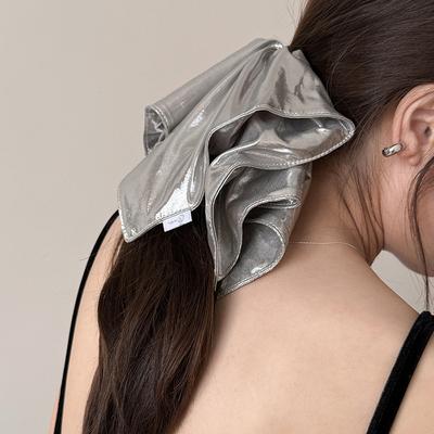 Silver Square Pleated Large Intestine Hair Band Internet Celebrity 2025 New High Ponytail Headband Women Tie Hair High Elastic Rubber Band