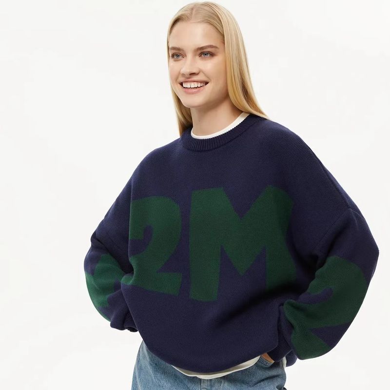 

Fashion Style New Arrival Fashionable Knitted round Neck Autumn and Winter Loose Sweater round Neck Neck Neck Loose Sweater Navy All yards