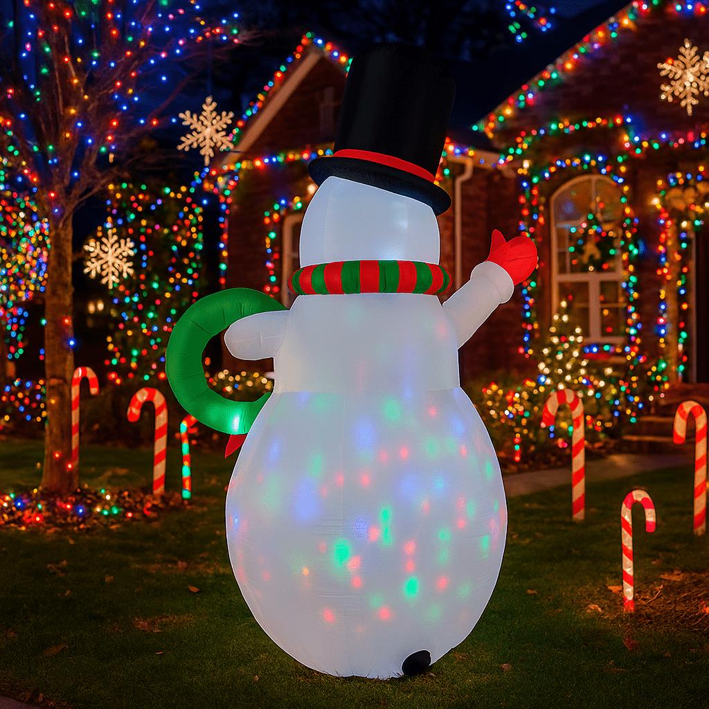 7.8FT/2.4M Inflatable Snowman Waving Holding Christmas Wreath with Lights, Outdoor Yard Decoration