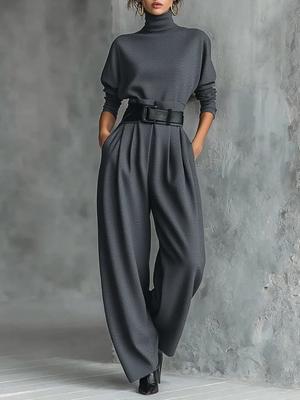 Conjunto Básico Feminino de Manga Longa Cor Sólida para Primavera/Outono com Calças