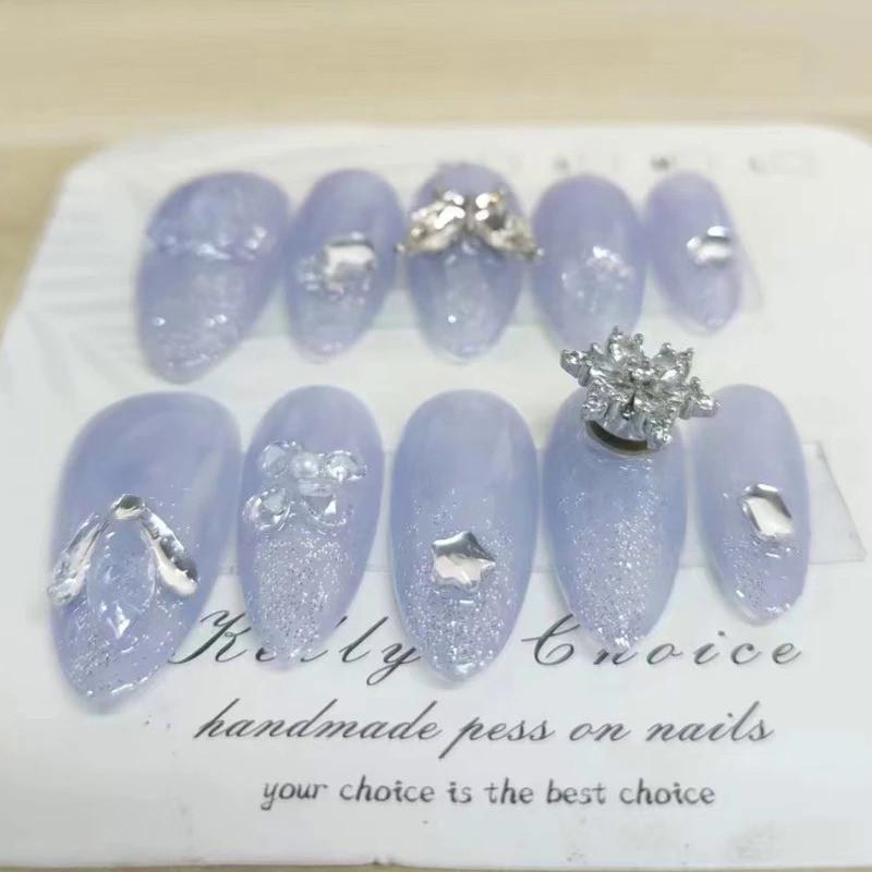 100% HANDMADE Almond Shape Artificial Nail Art Rotatable Snowflake Translucent Blue-purple Nails Reusable and Removable Fake Nails