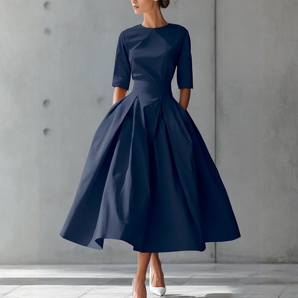 Elegant Women's Midi Dress with Waist Belt and Flared Skirt Classic Round Neck Half Sleeve Formal Wear for Various Occasions