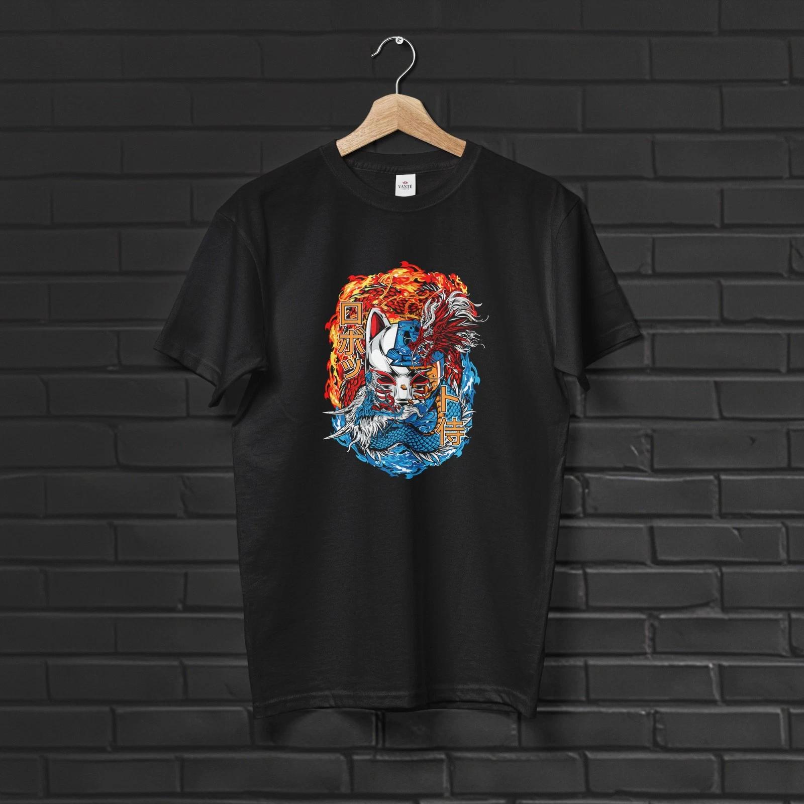 Kitsune Mask T-Shirt Cyberpunk Fox Oni Samurai Dragon Mecha Anime Tee 2XL