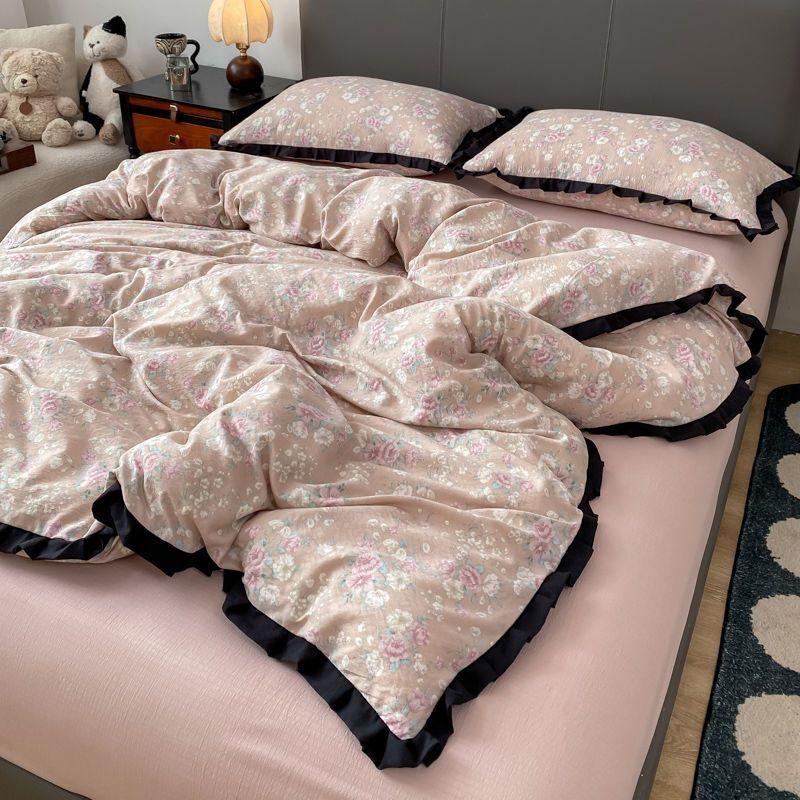 INS French Style Floral Simple Black Lace Double Layer Gauze Bedding Set Washed Cotton Bed Sheet Fitted Sheet Fresh Quilt Cover