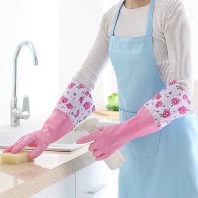 Latex Rubber Dish Washing Gloves Velvet Elastic Cuffs Housework Gloves Long Sleeve Waterproof Winter Cleaning Gloves Kitchen
