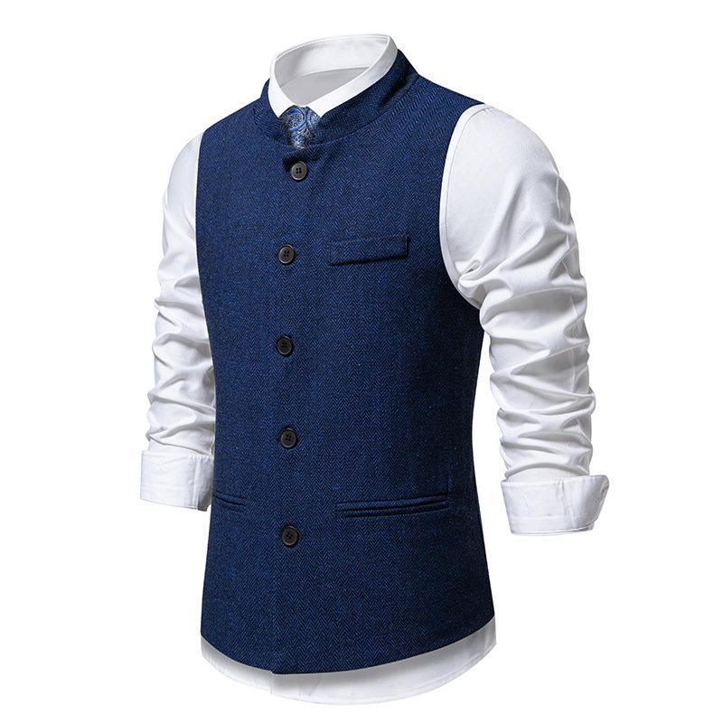 Autumn British Style Retro Vest For Men Fashion Stand Collar Herringbone Coarse Tweed Suit Vest Waistcoat Vintage Gentleman