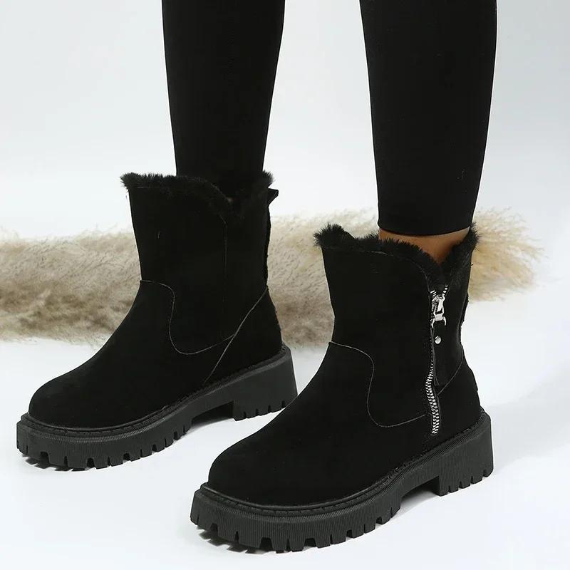 Thick Plush Snow Boots Women Faux Suede Non-slip Winter Boots Woman Keep Warm Cotton Padded Shoes Platform Ankle Booties
