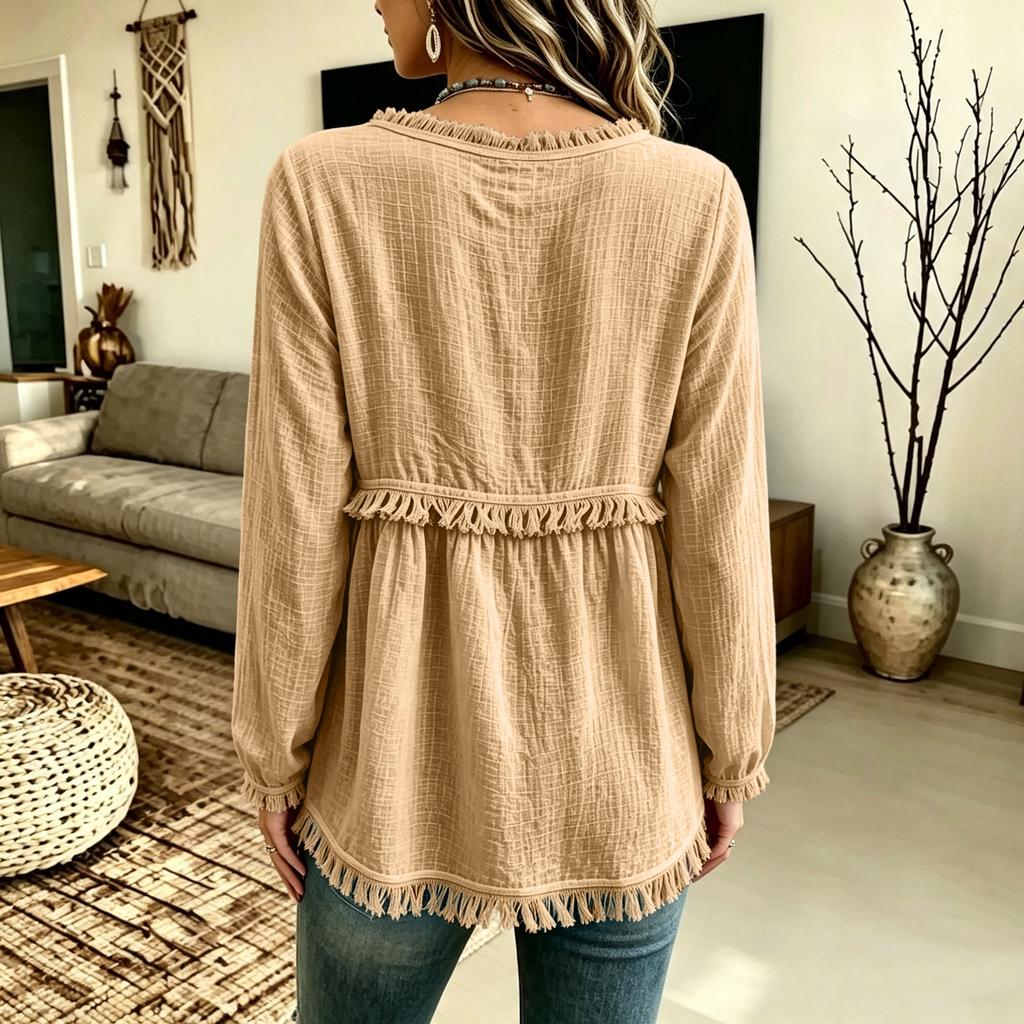 Women's Casual Loose Fit V-Neck Long Sleeve T-Shirt Top with Hem Color