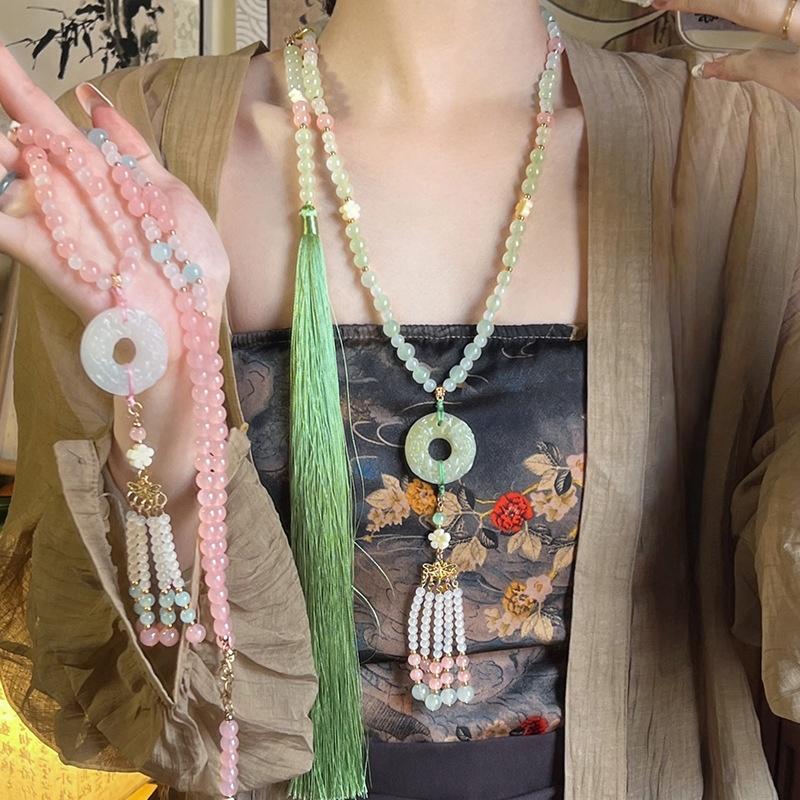 Fashion Chinese Style Beaded Long Tassel Necklaces Ethnic Style Hanfu Cheongsam Necklaces Accessories Retro Jewelry For Women