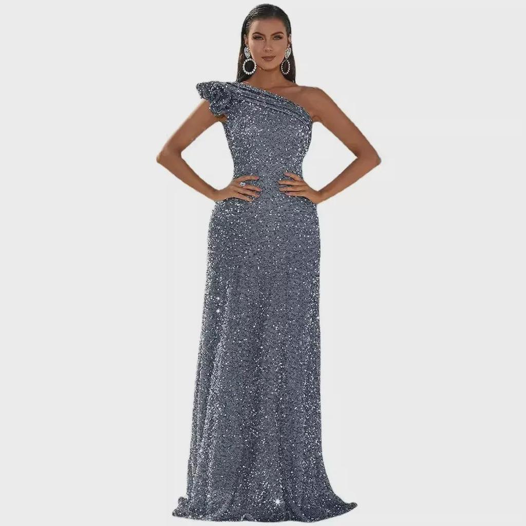 2024 Silver Sequined Off-Shoulder Backless Evening Gown
