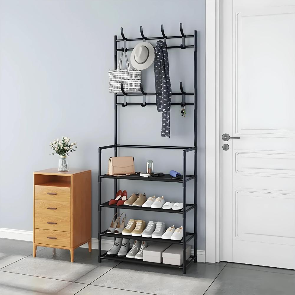 Standing clothes rack for shoes in the hallway with shelves, black, wardrobe
