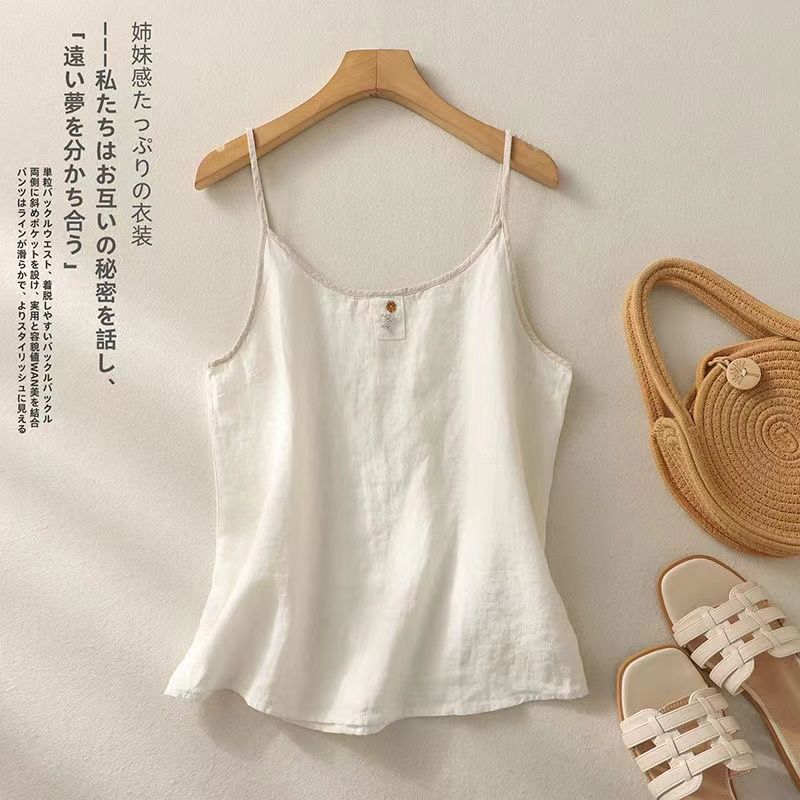 Vintage Embroidered Linen Camisole Women Summer Loose Casual Simple Sleeveless Top