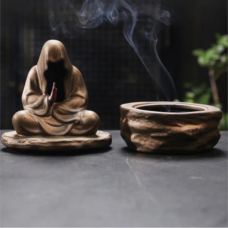 Ceramic No Face Buddha Meditation Incense Burner Backflow Monk Incense Holder Office Sculpture Decoration Incense Burner