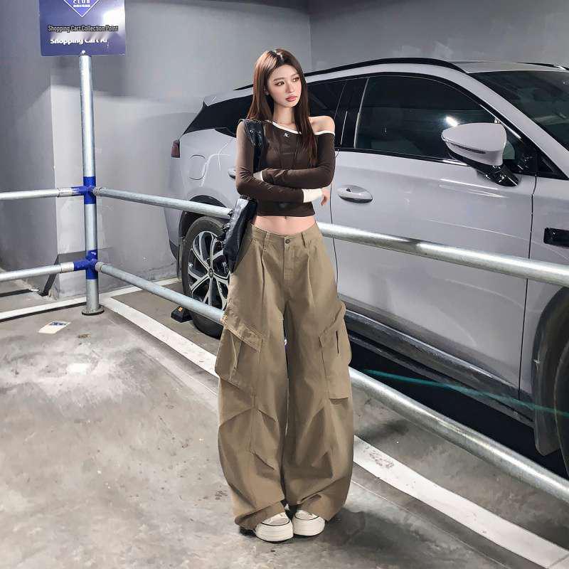 Khaki American Retro Deconstructed Unisex Loose Pleated Work Pants S