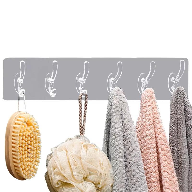 6 Hooks Transparent Holder Rack Bathroom Towel Sponge Storage Hanger Living Room Hat Clothes Seamless Hook Organiser