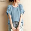 Women Casual Round Neck Solid Color Summer Short Sleeve Blouse