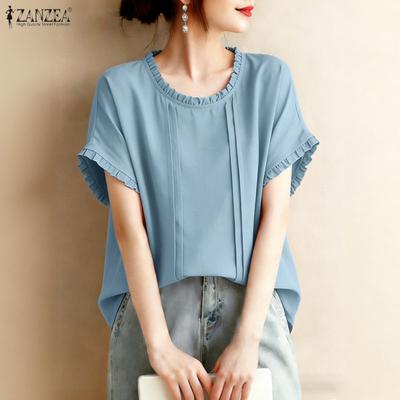 Women Casual Round Neck Solid Color Summer Short Sleeve Blouse