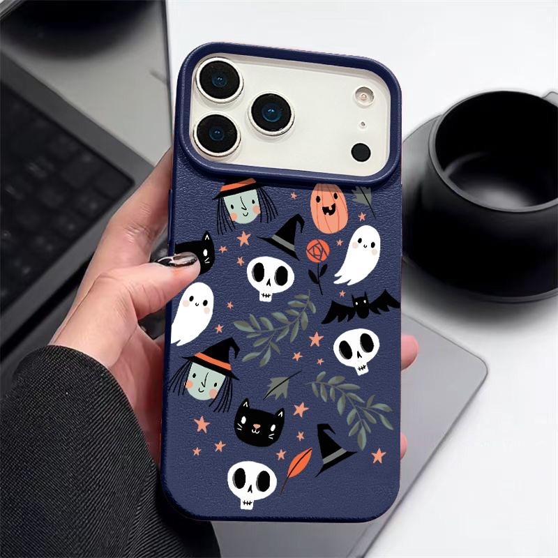 Ghost Witch Skulls Print Phone Case For iPhone 17 Pro Max Funda iPhone 16 Pro Max 15 14 13 12 11 16e Air Leather Texture Silicone Soft Cover