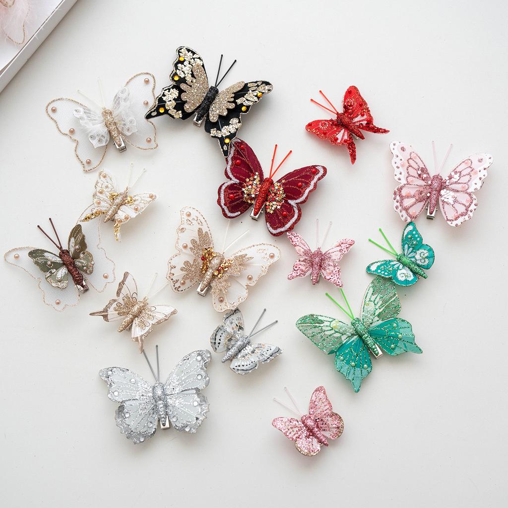 10PCS 5-7cm Simulation Butterfly Fabric Feather Color Butterfly Combination Set Christmas Decoration Small Gift Christmas Tree Ornament